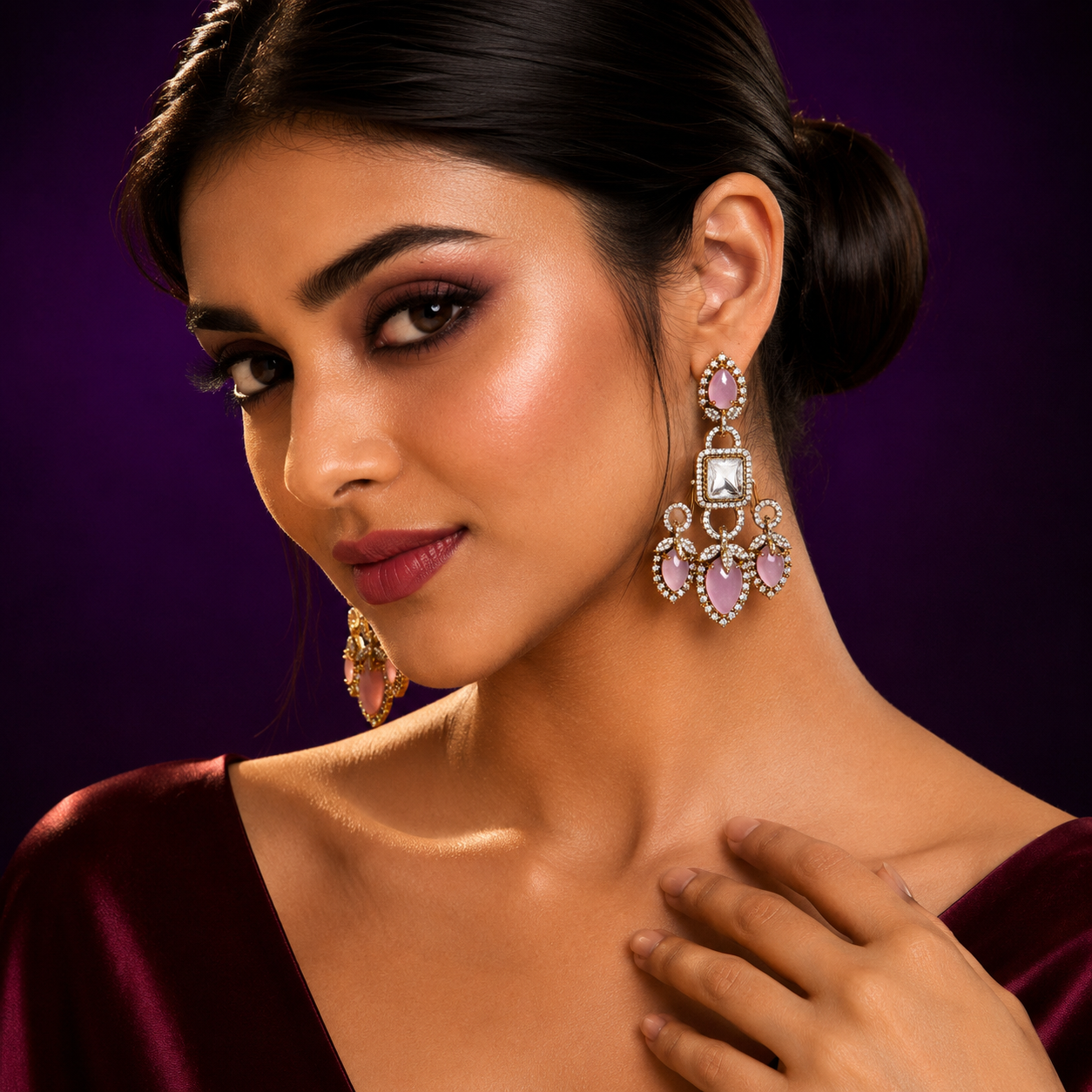 Carved Stones With Mossanite Earring in pink for woman