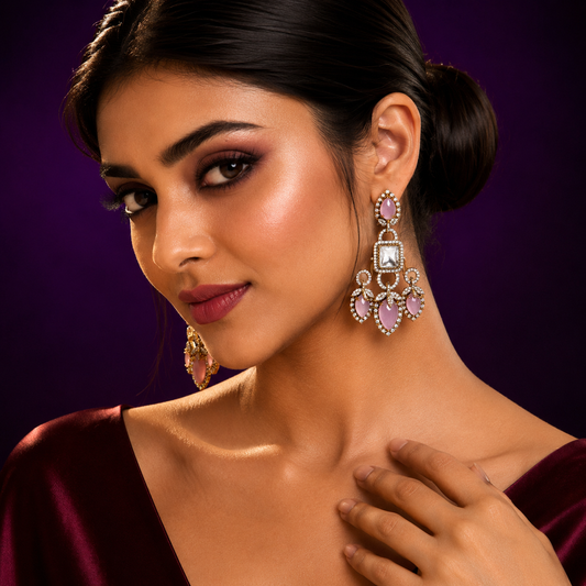 Carved Stones With Mossanite Earring in pink for woman