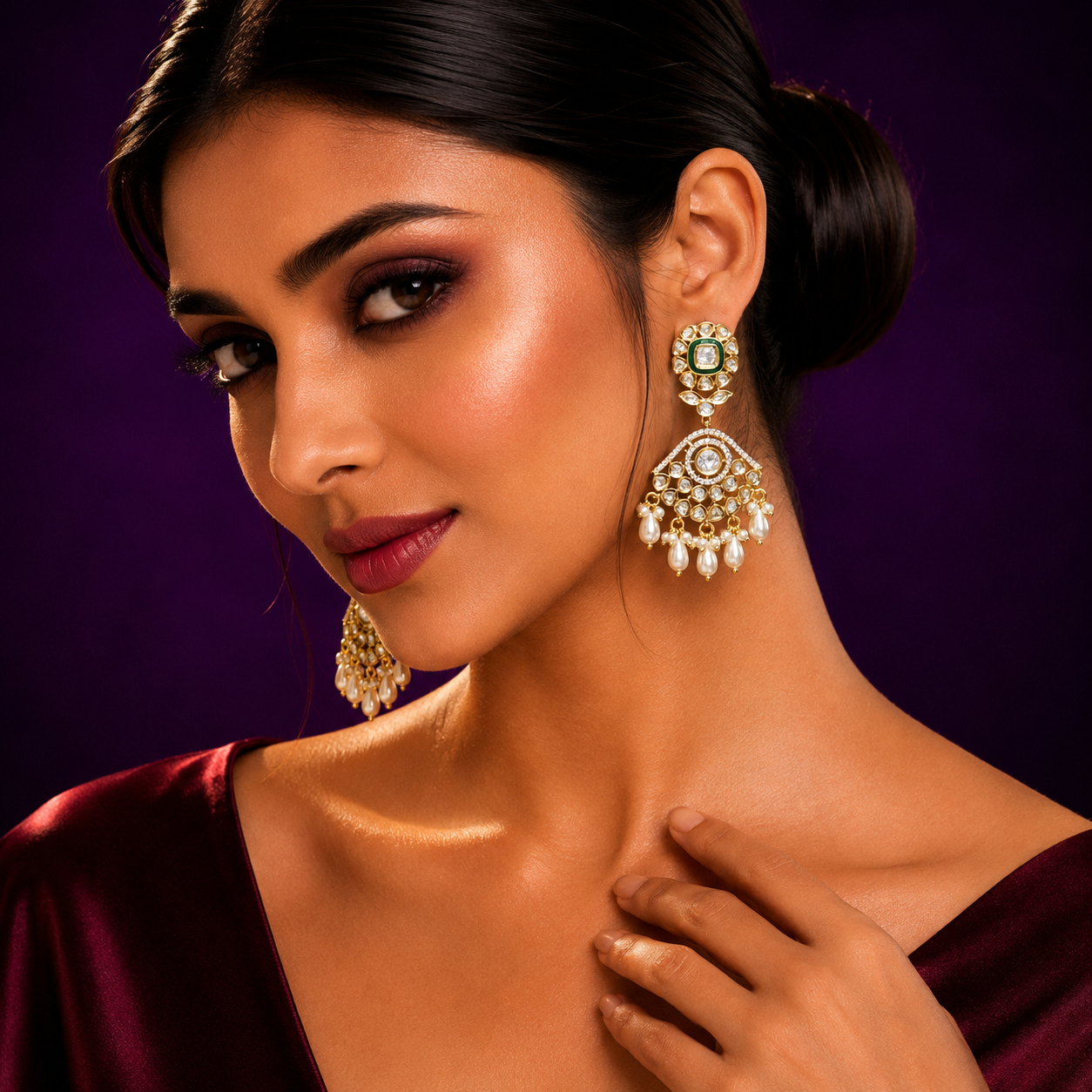 Pearl Hanging Kundan Earring  in green for woman