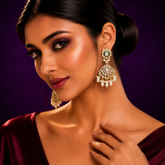 Pearl Hanging Kundan Earring  in green for woman