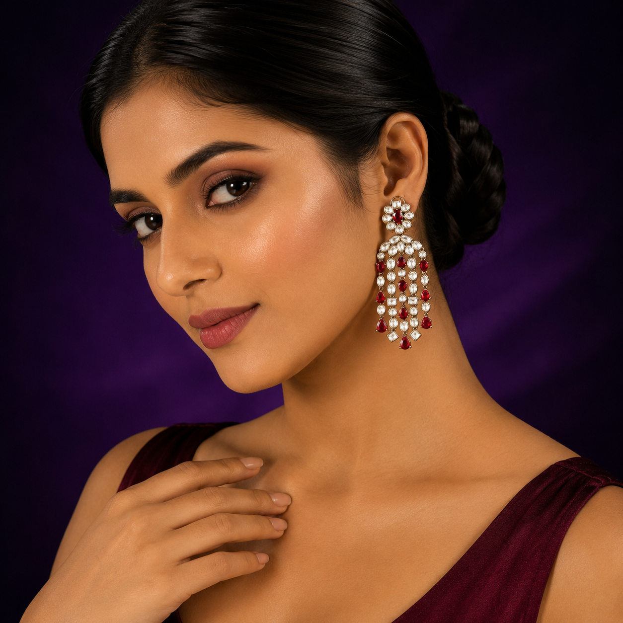 Three Layer Mossanite With Kemp Stones Earring in red for woman