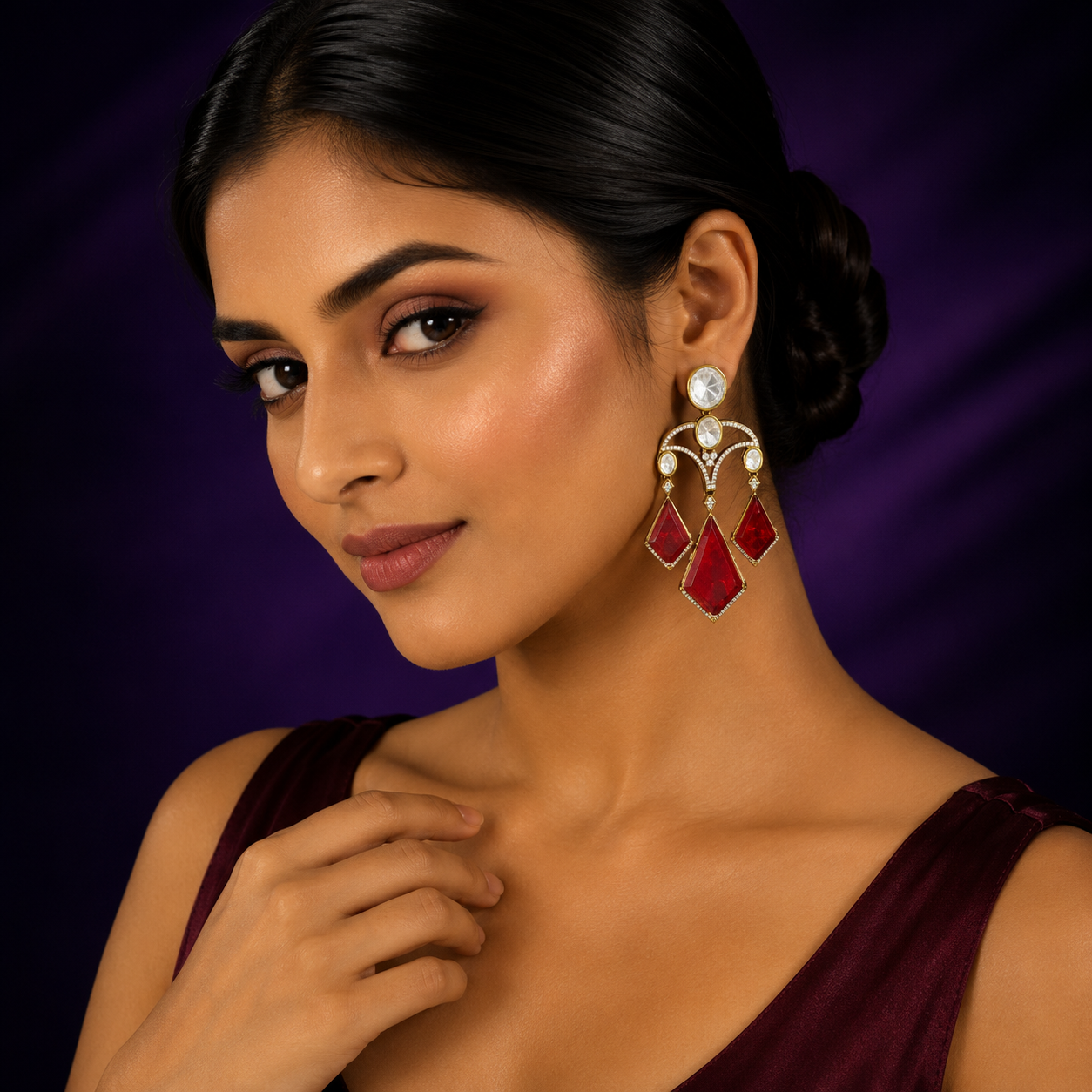 Long Earrings with Doublets In Mossanite in red for woman