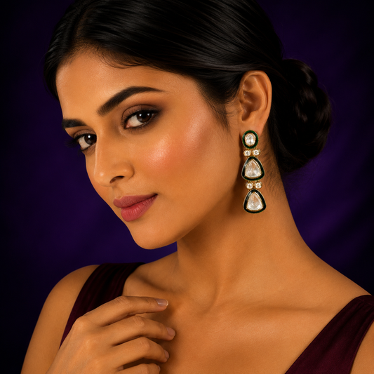 Side Meenakari With Polki Earring in green for woman