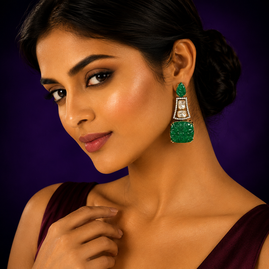 Carved Stone With Mossanite Earring in green for woman