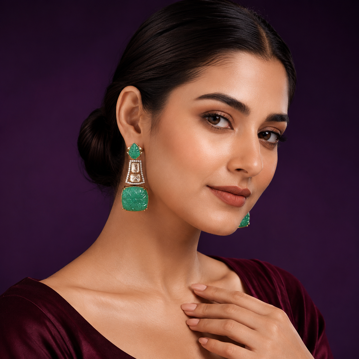 Carved Stone With Mossanite Earring in green for woman