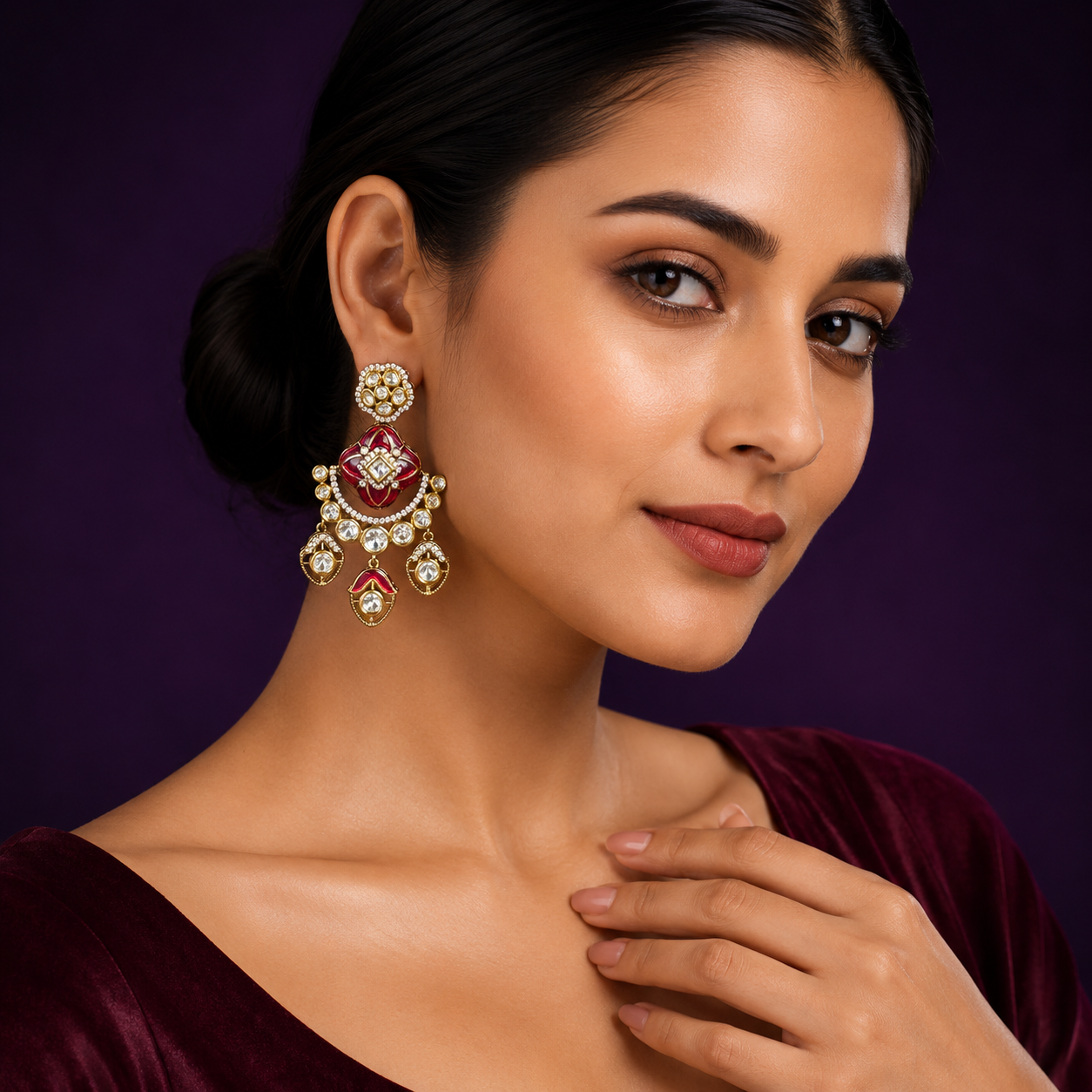 Enamelling With Mossanite Earring in red for woman