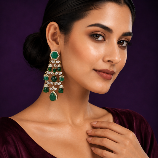 Pota Stone Long Kundan Earring in green for woman