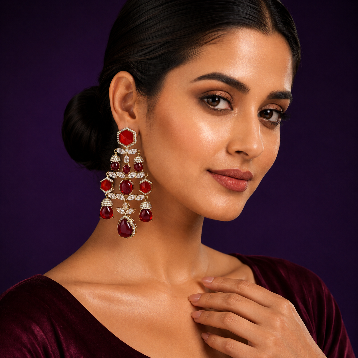 Pota Stone Long Kundan Earring in red for woman