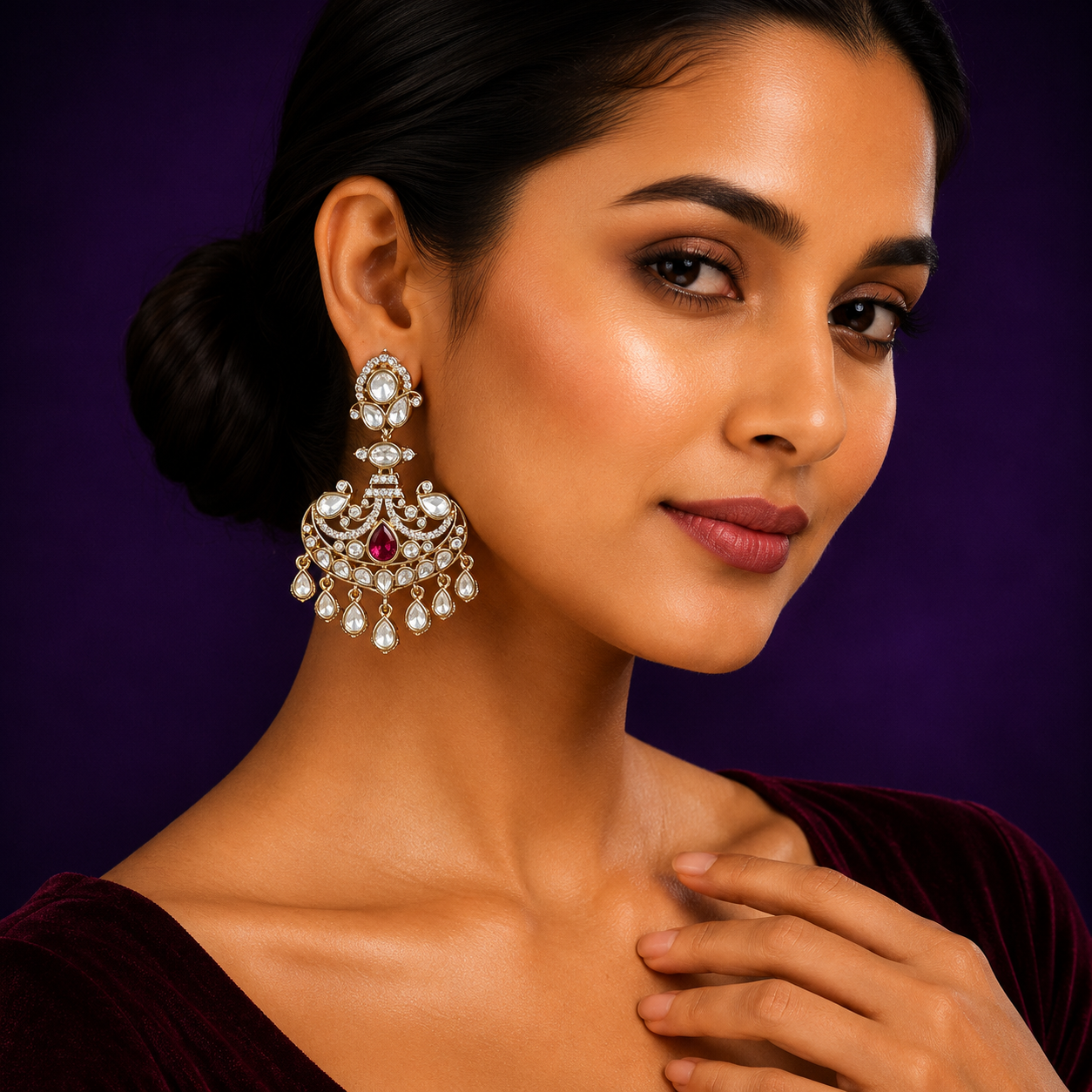Sunheri Kundan With Red Stone Earring in red for woman