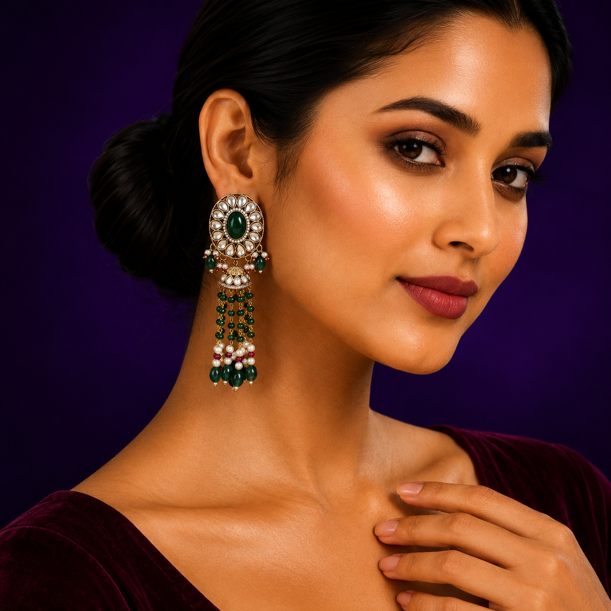 Long Beading Kundan Earring in green for woman