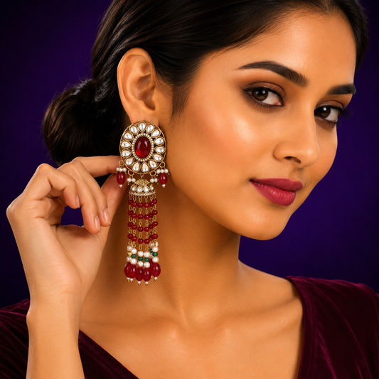 Long Beading Kundan Earring in red for woman