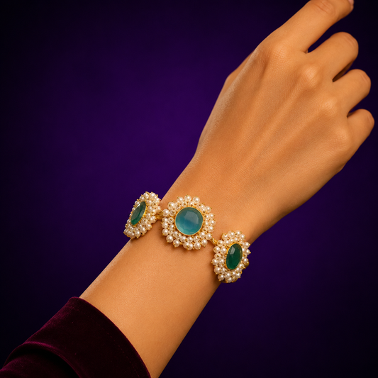 Round Hand Cuff With Pearls in Blue for women