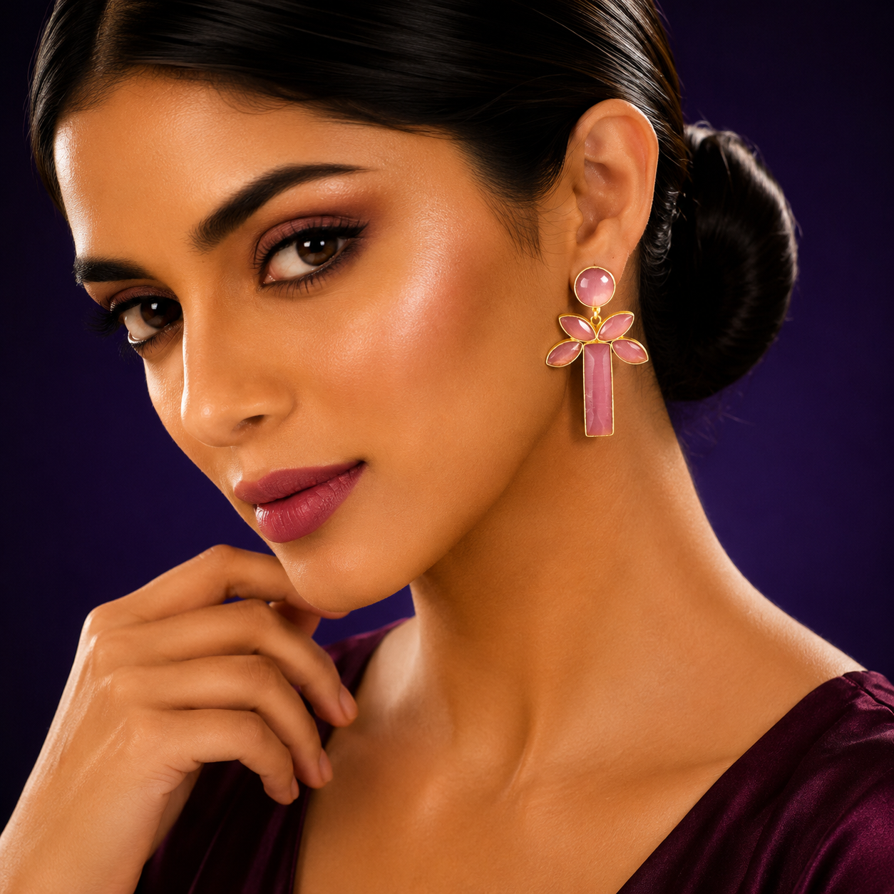 handmade gemstone gold plated pink earring for woman