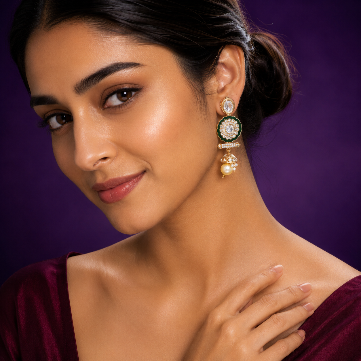 Meenakakri With Stones With Hnaging Mossanites Earrings In Green For Women
