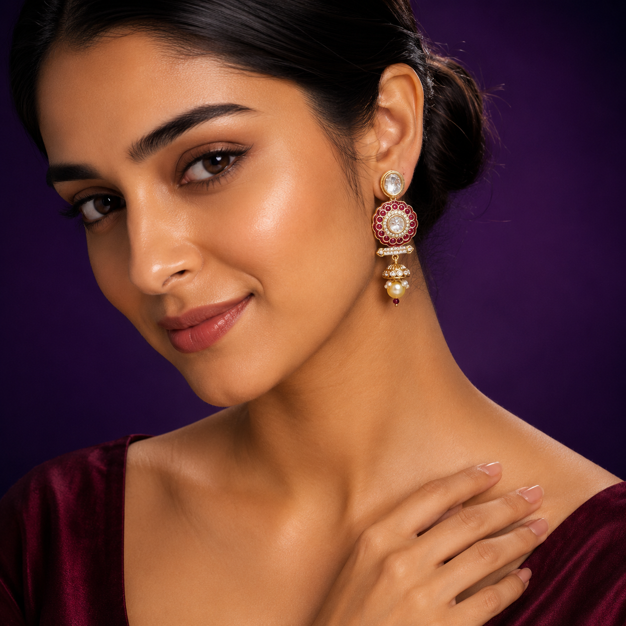Meenakakri With Stones With Hnaging Mossanites Earrings In Ruby For Women