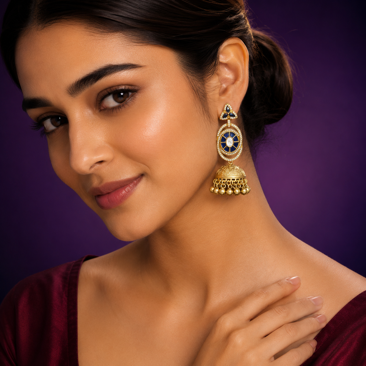 Golden Tone   Kundan Jhumka  Earrings in Blue for women