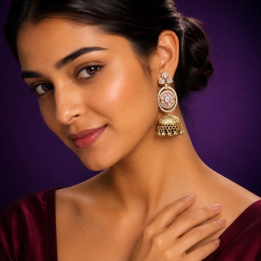 Golden Tone   Kundan Jhumka  Earrings in Pink  for women