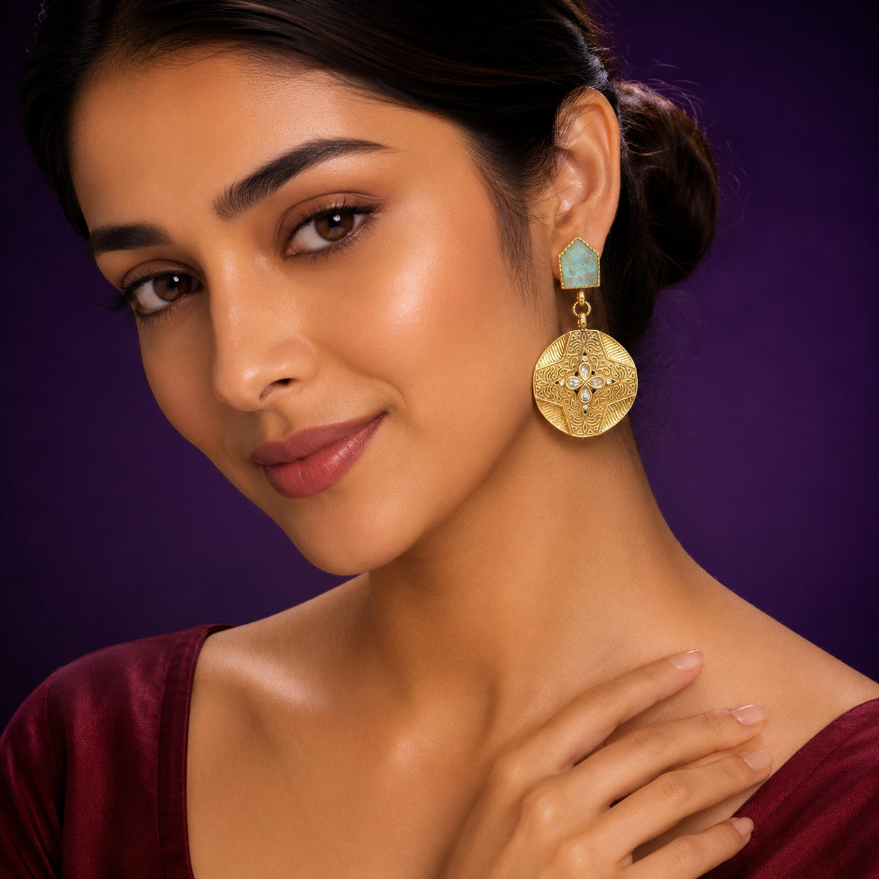 Kemp Stone  Kundan Floral Earrings in Ocean Blue  for women