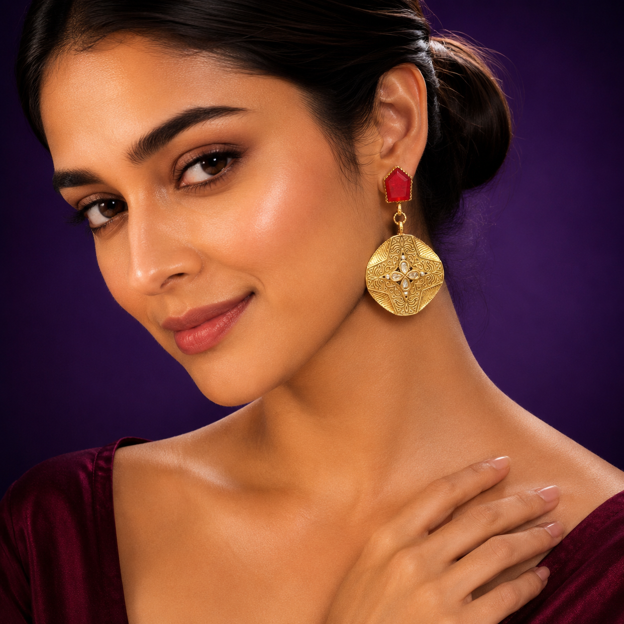 Kemp Stone  Kundan Floral Earrings in Ruby for women