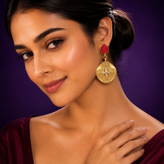 Kemp Stone  Kundan Floral Earrings in Ruby for women