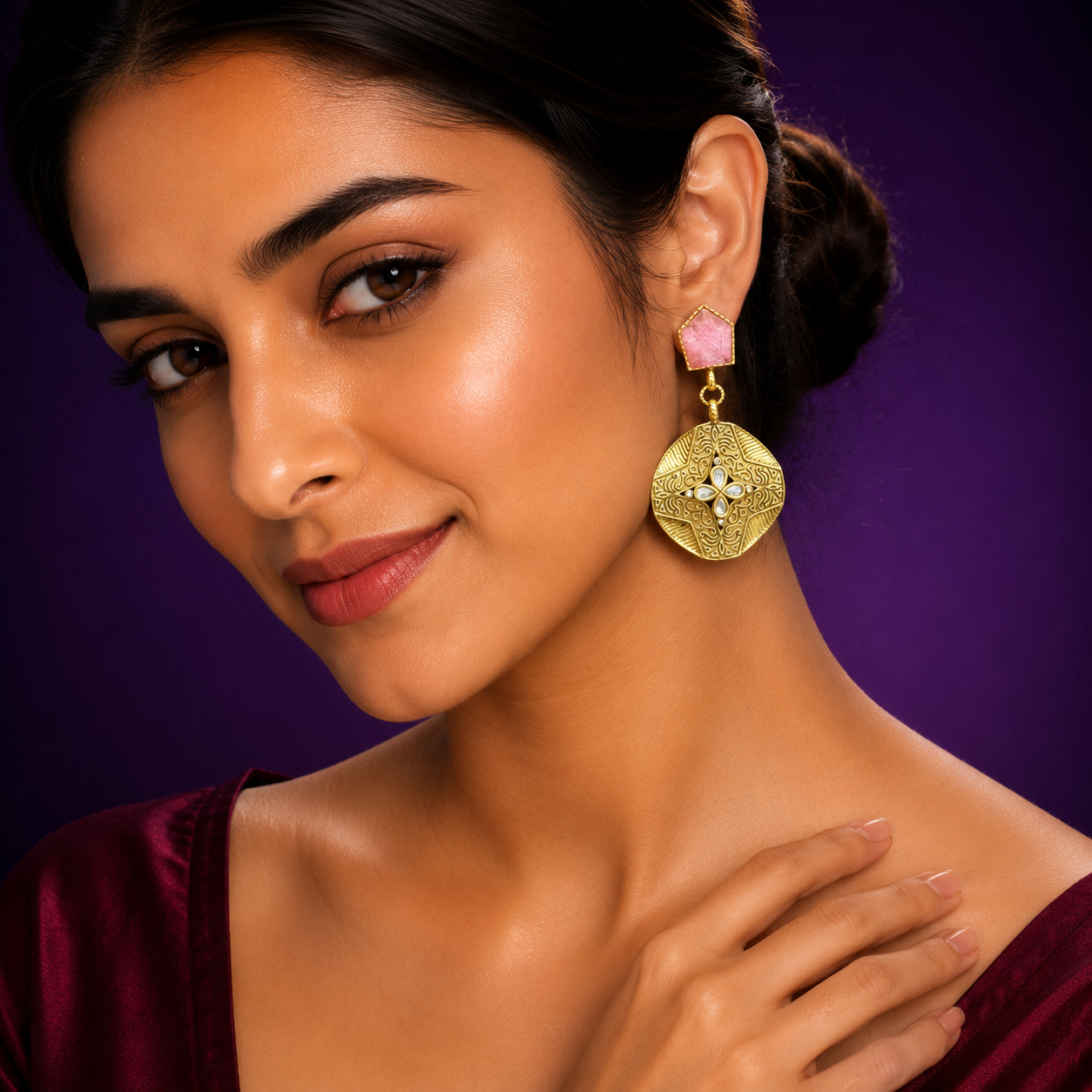 Kemp Stone  Kundan Floral Earrings in Pink for women