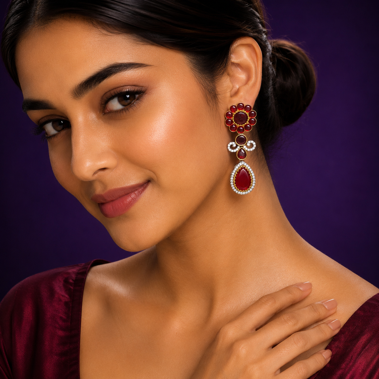 Red Kundan Floral Earrings for women