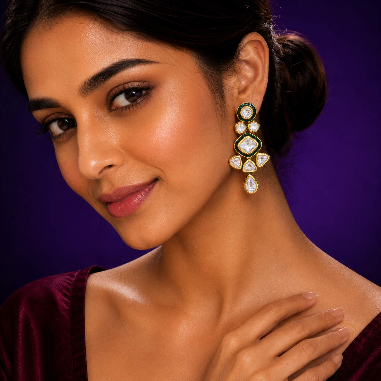 Enamelling With Kundan Polki In Green for women