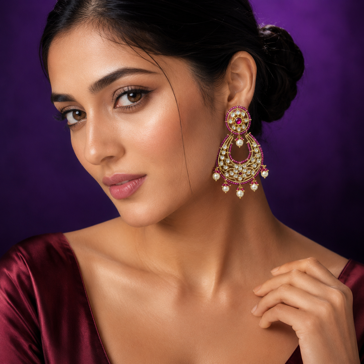 Kundan Earring With Semi Precious Beading in pink for woman