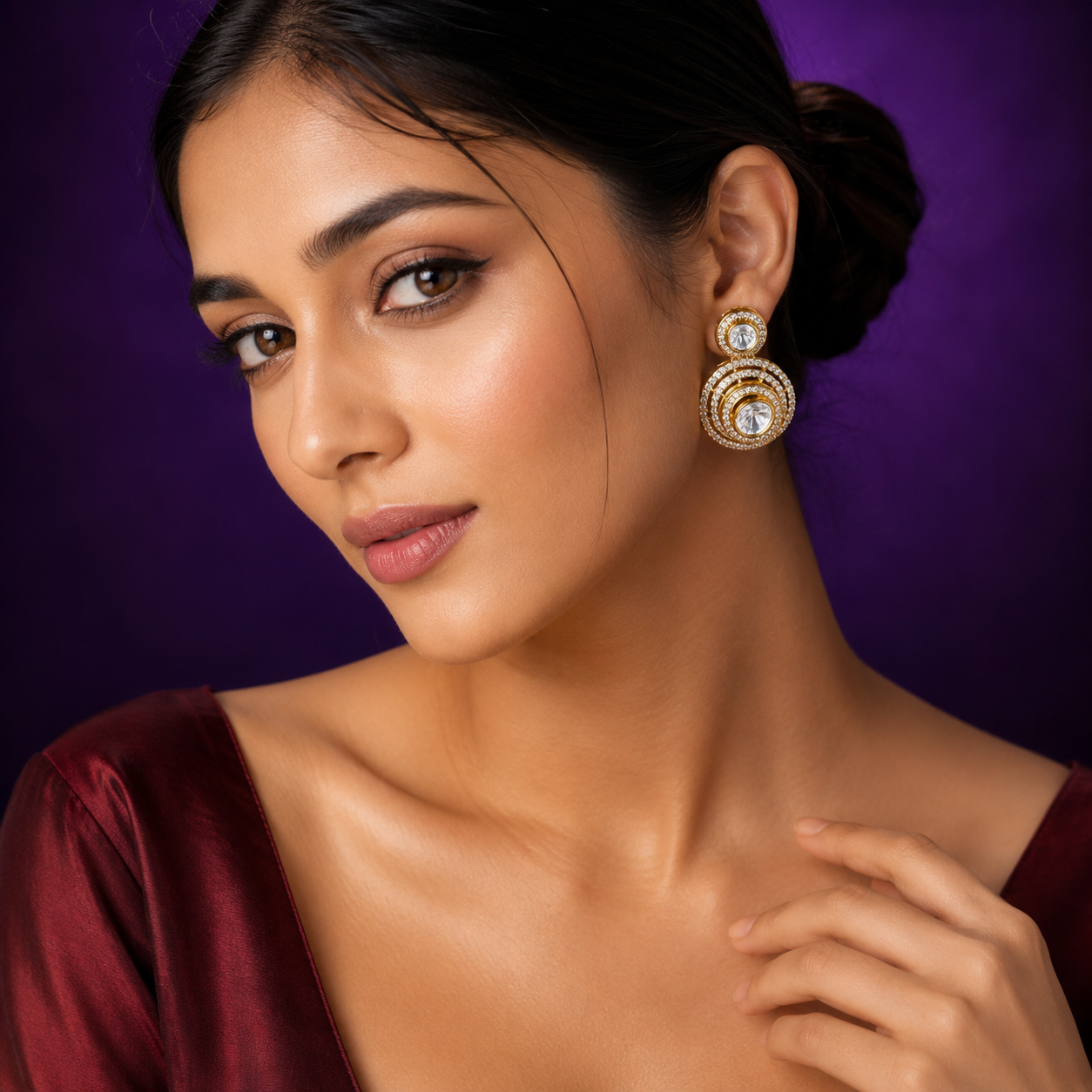 Polki With Side CZ Kundan Earrings in gold for woman