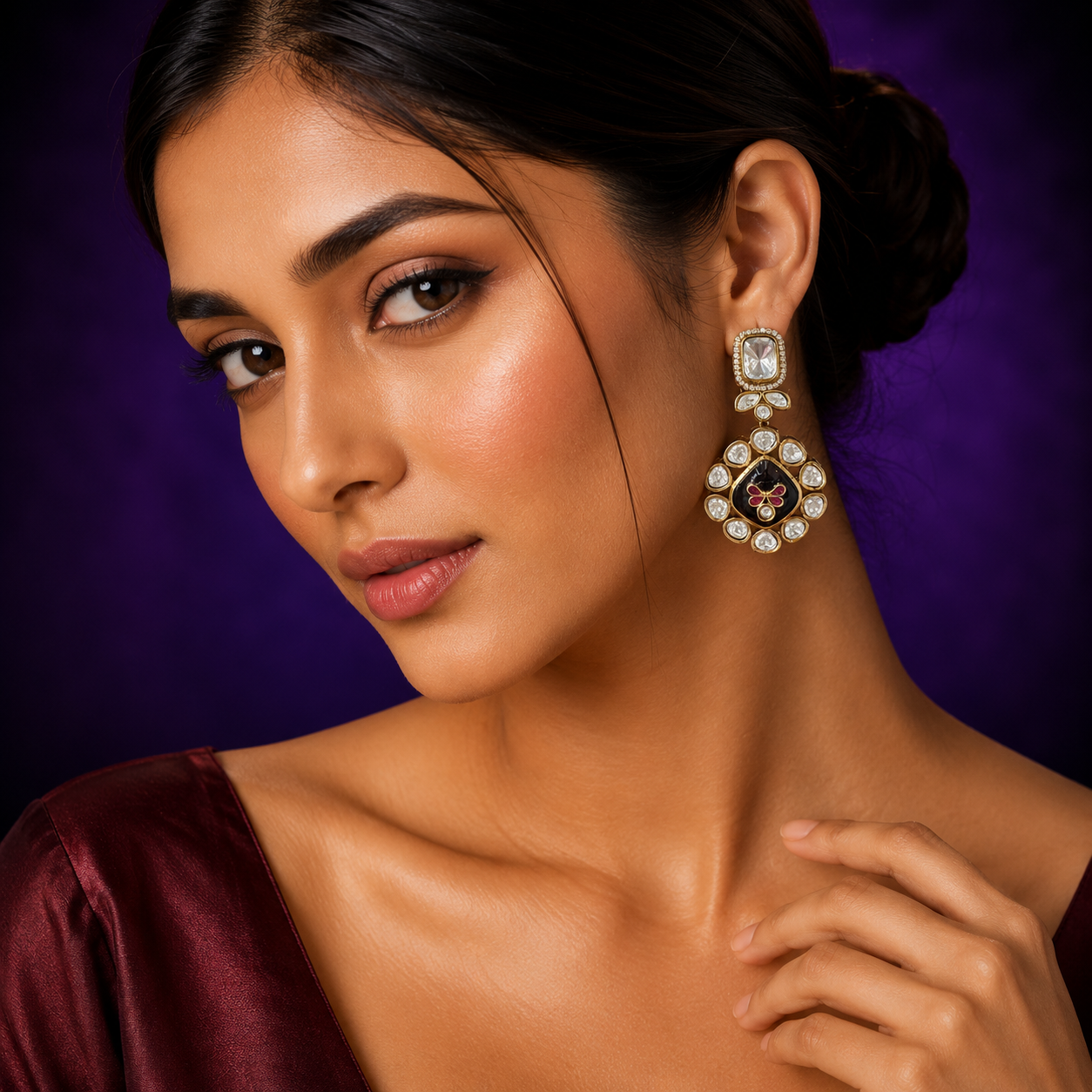 Doublet With Kundan Carving Earring  In Purple For Women