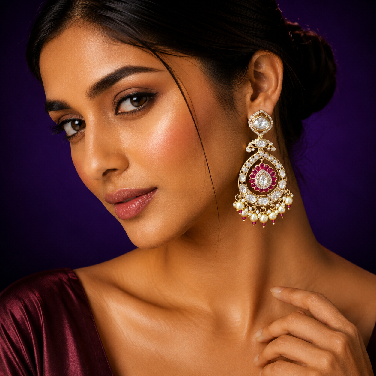 Sunheri Kundan With Enamelling Earring