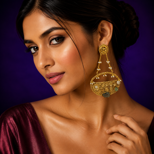 HANDMADE EARRINGS WITH CARVED STONE AND MOSSANITES FOR WOMEN