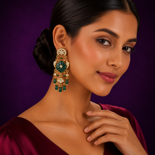 Meenakari Long Kundan Earring With Carved Stone in Emerald Green for women