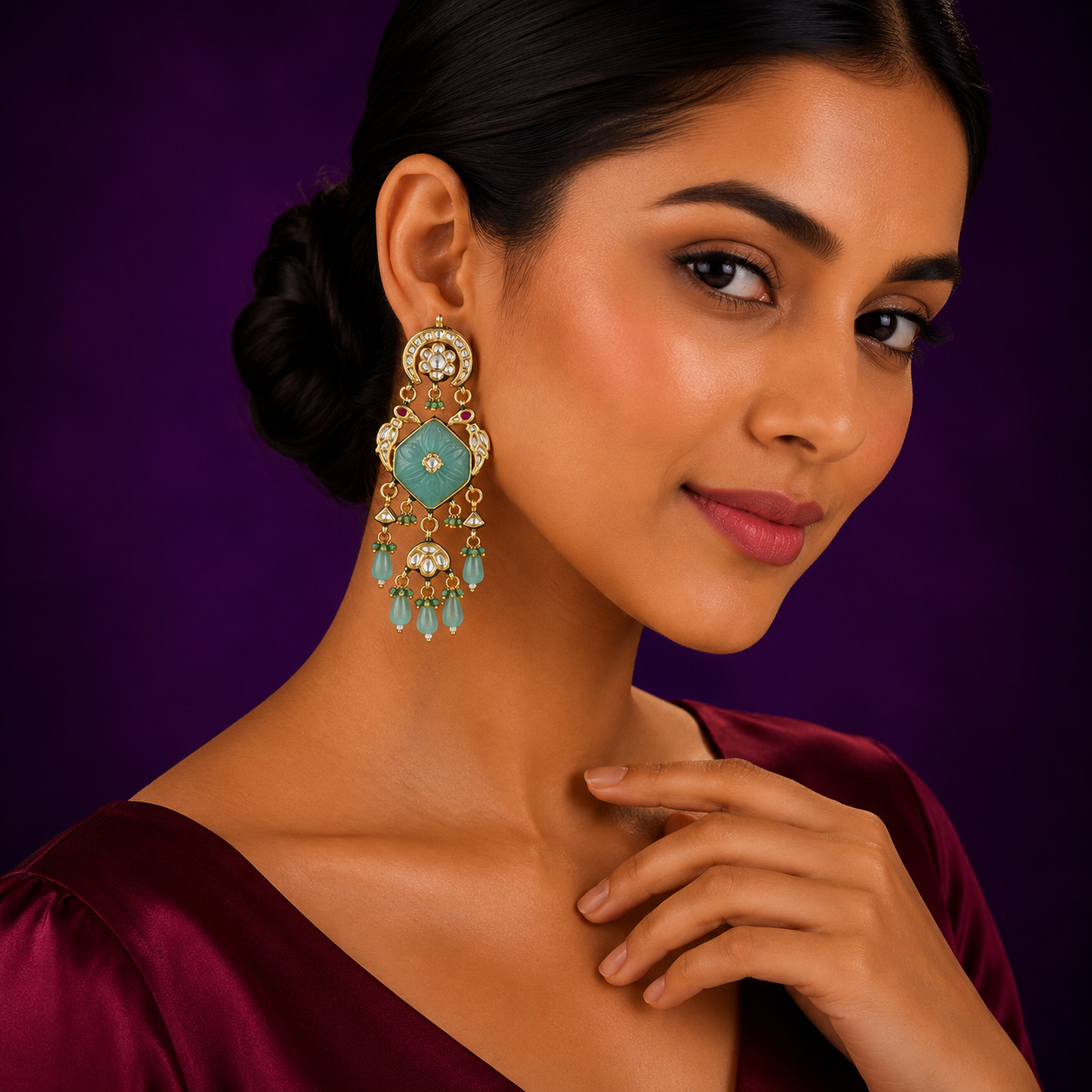 Meenakari Long Kundan Earring With Carved Stone in Blue for women