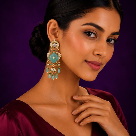 Meenakari Long Kundan Earring With Carved Stone in Blue for women