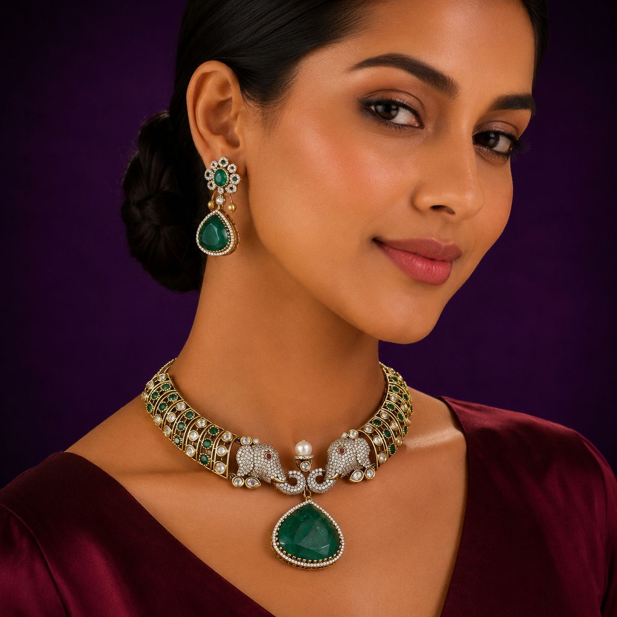 Elephant Kundan Mossanite Hasli in Green For Women