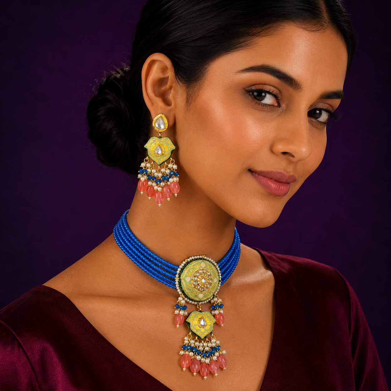 Oynx Beads And Meenakaro Kundan Choker With Long Earrings