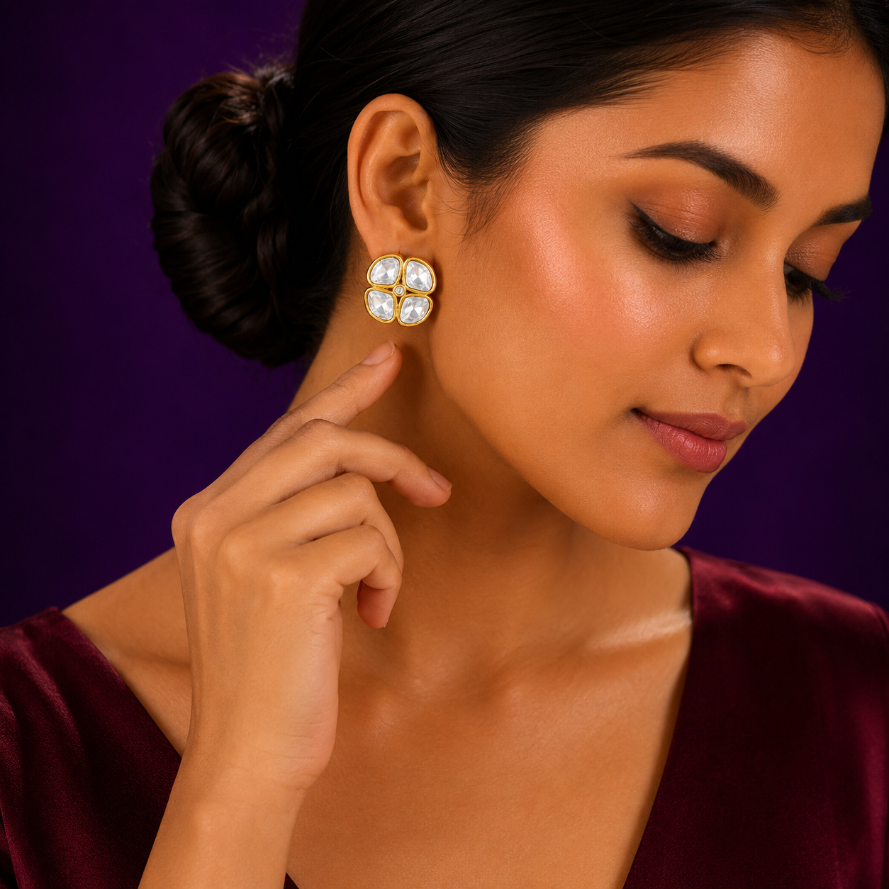 Uncut polki studs for women in gold polish for women