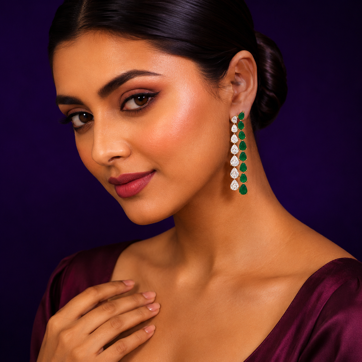 Long CZ Earrings In White and Green For Girls And Women