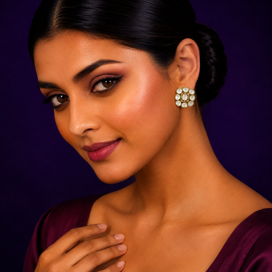 Square Mossanite Kundan Studs In White For Women