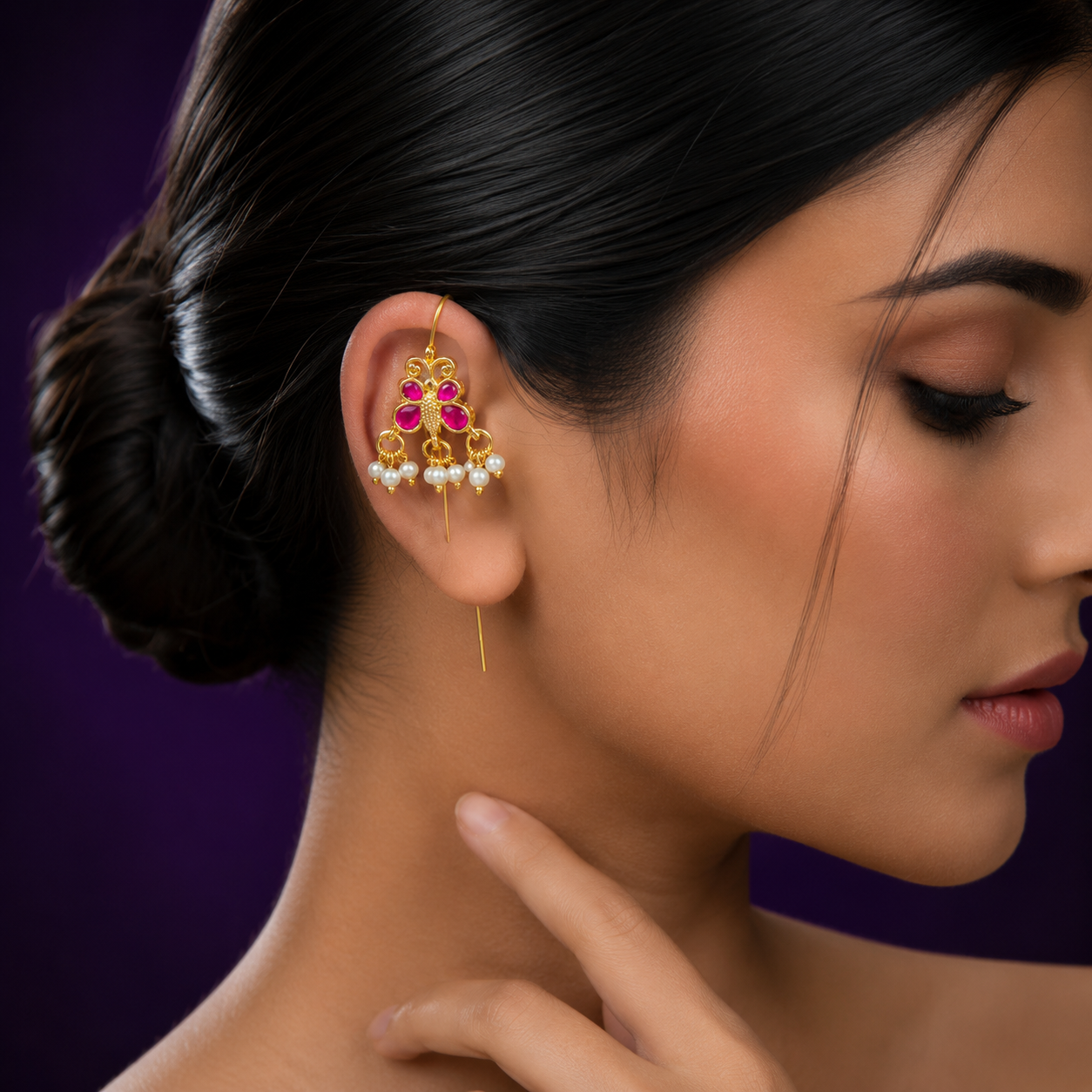 Butterfly designer  earcuff in pachi kundan in Multi for women