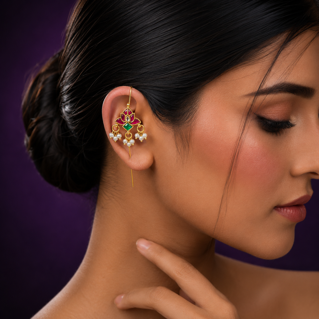 Elegant designer earcuff in pachi kundan in Multi for women