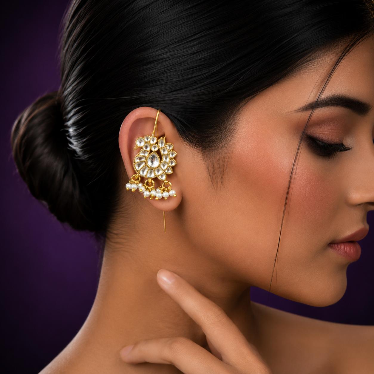 Peacock designer earcuff in pachi kundan in White for women