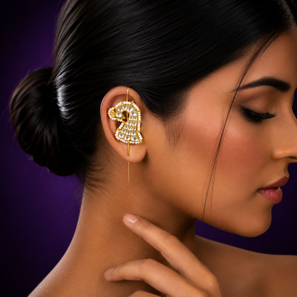 Peacock designer earcuff in pachi kundan in White for women