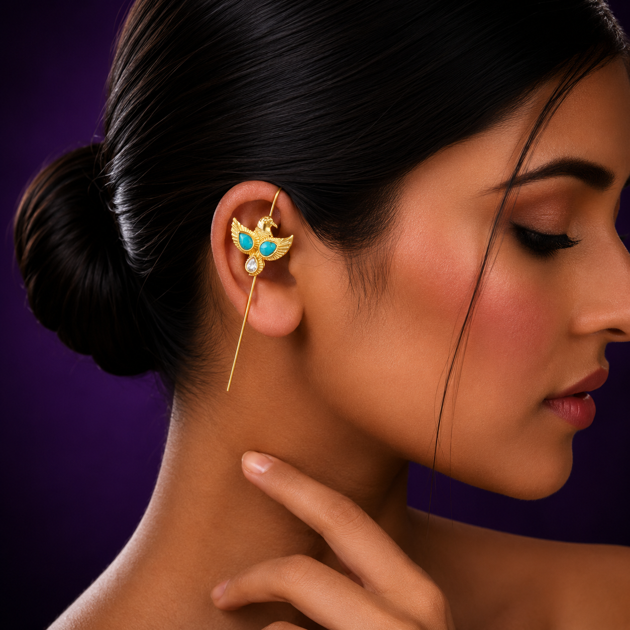Eagle designer earcuff in pachi kundan in Turquoise for women