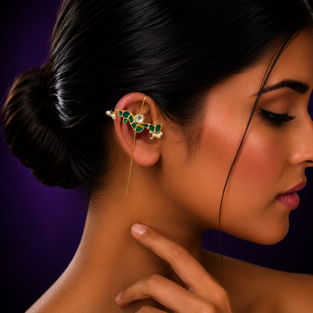 Bird designer earcuff in pachi kundan in Green for women