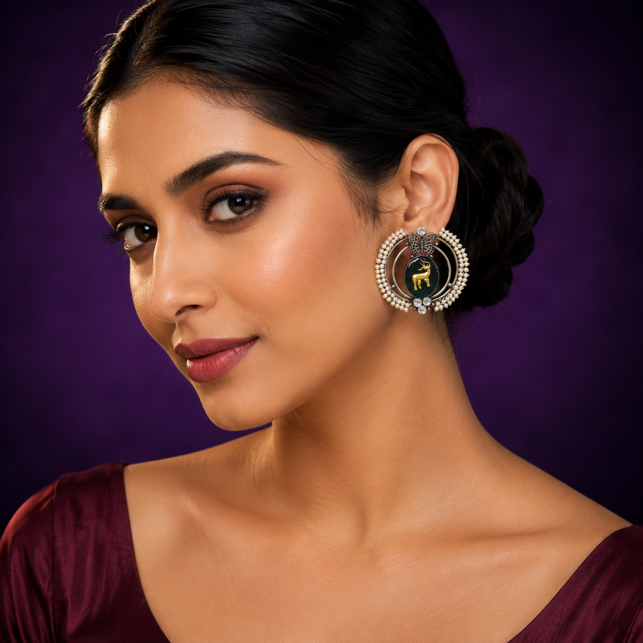 Ethnic Oxidized Silver Earrings with Animal Motif & Pearls