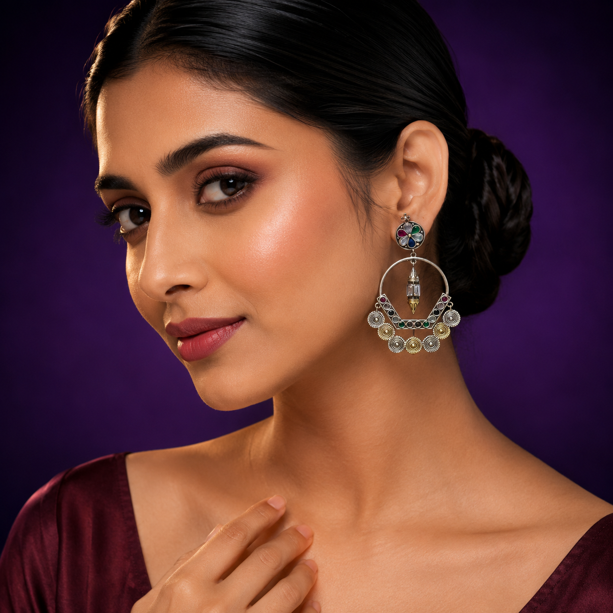 Statement Multicolour Stone Hoop Earrings with Antique Silver Finish