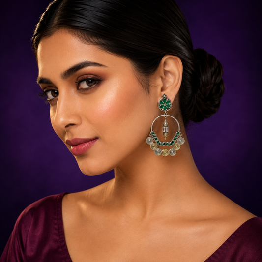 Statement Green Stone Hoop Earrings with Antique Silver Finish
