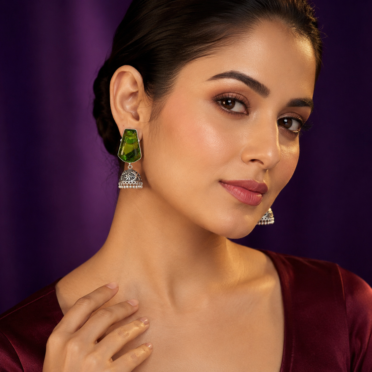 Ethnic Green Stone Jhumka Earrings with Antique Silver Finish